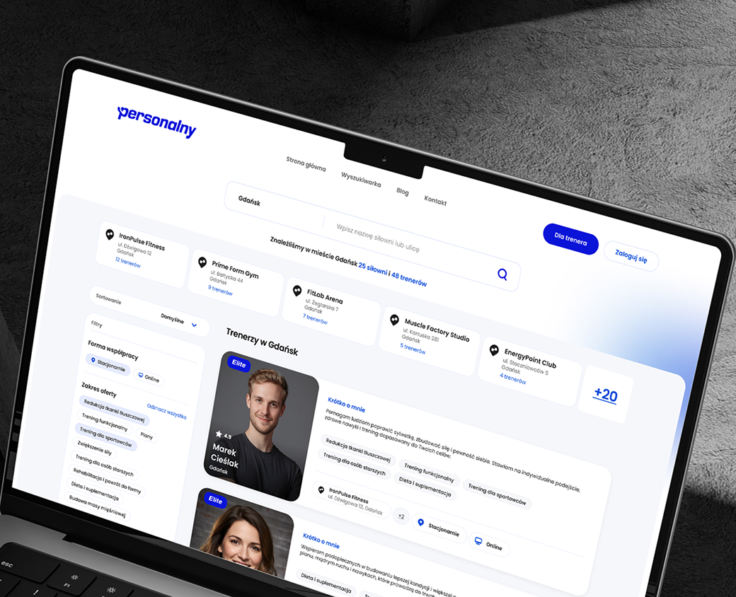 Precyzyjna wyszukiwarka trenerów - Klienci filtrują trenerów po lokalizacji, siłowni, specjalizacji i formie współpracy. Dzięki temu trafiają dokładnie do osób, których szukają.